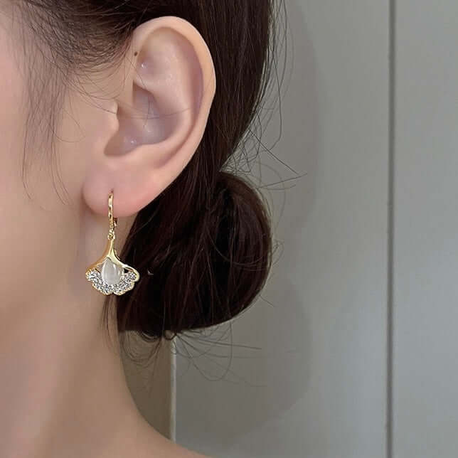 14K Gold Plated Ginkgo Leaf Huggie Earrings with Dangle Pearl