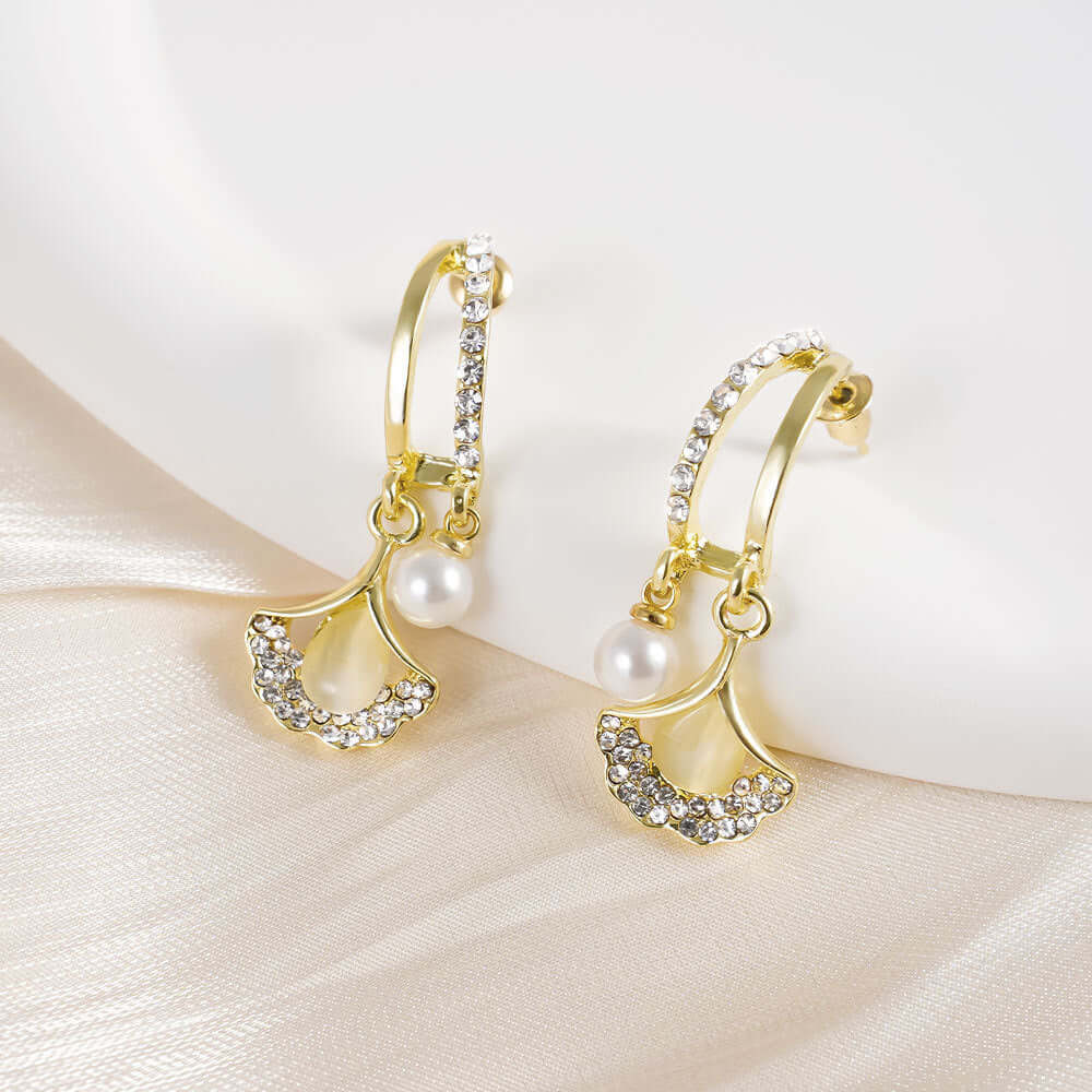 14K Gold Plated Ginkgo Leaf Huggie Earrings with Dangle Pearl