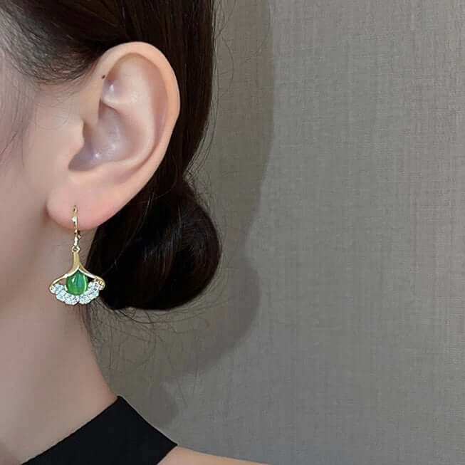 14K Gold Plated Ginkgo Leaf Huggie Earrings with Dangle Pearl
