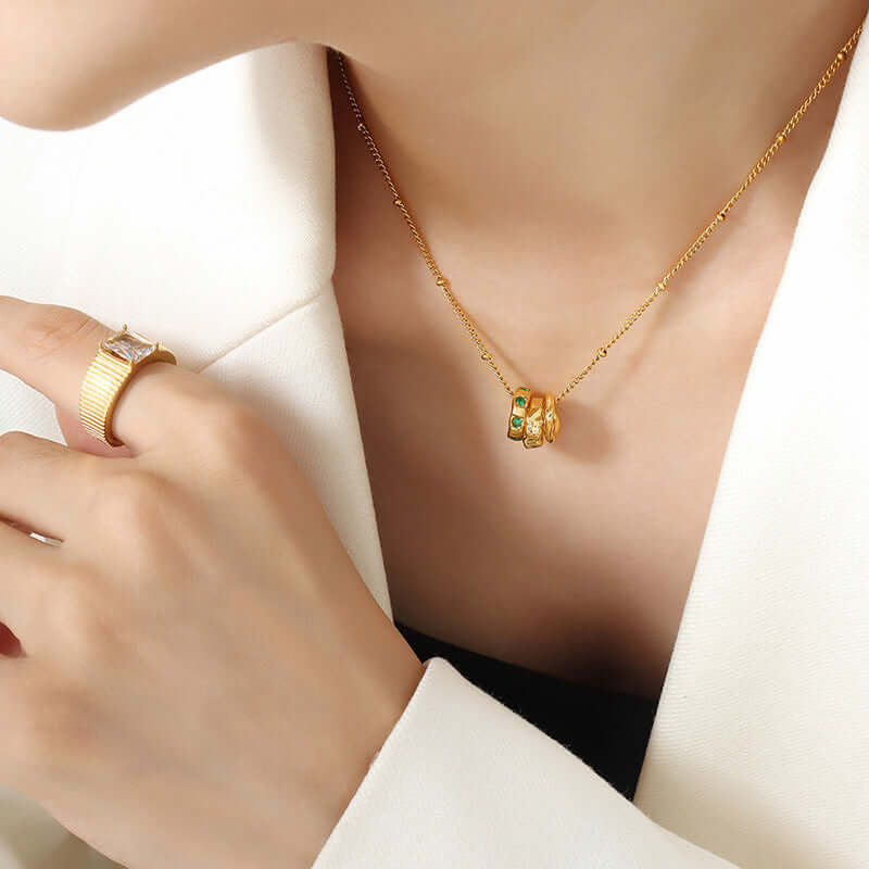 18K Gold Multi Rings Charm Pendant Necklace