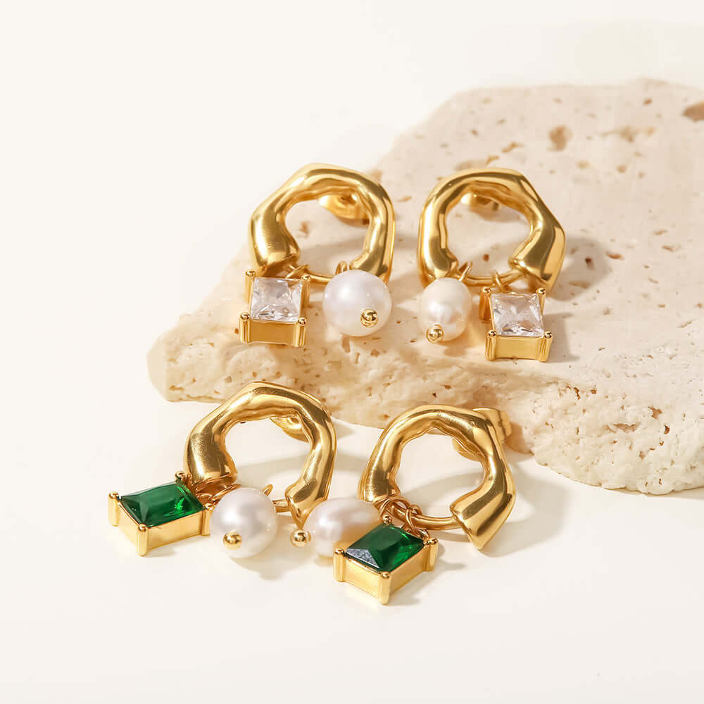 18K Gold Huggies Hoop Earrings, Pearl Hoop Earrings, CZ Hoop Earrings
