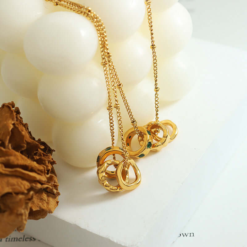 18K Gold Multi Rings Charm Pendant Necklace