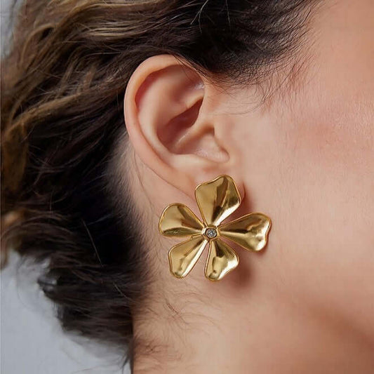 18K Gold Plated Five Leaf Large Flower Stud Earrings