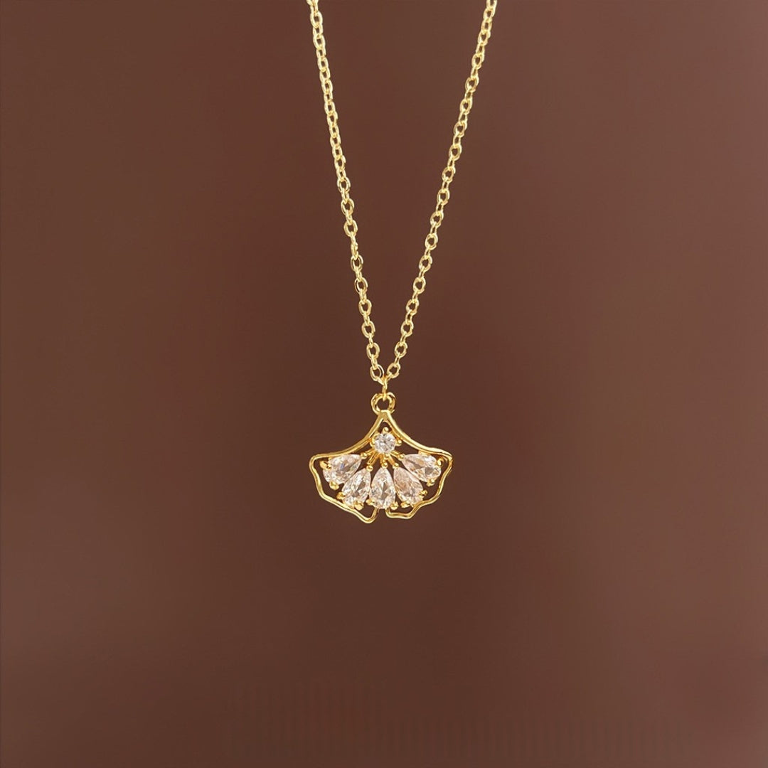 18K Gold Plated Ginkgo Leaf Zircon Chain Necklace