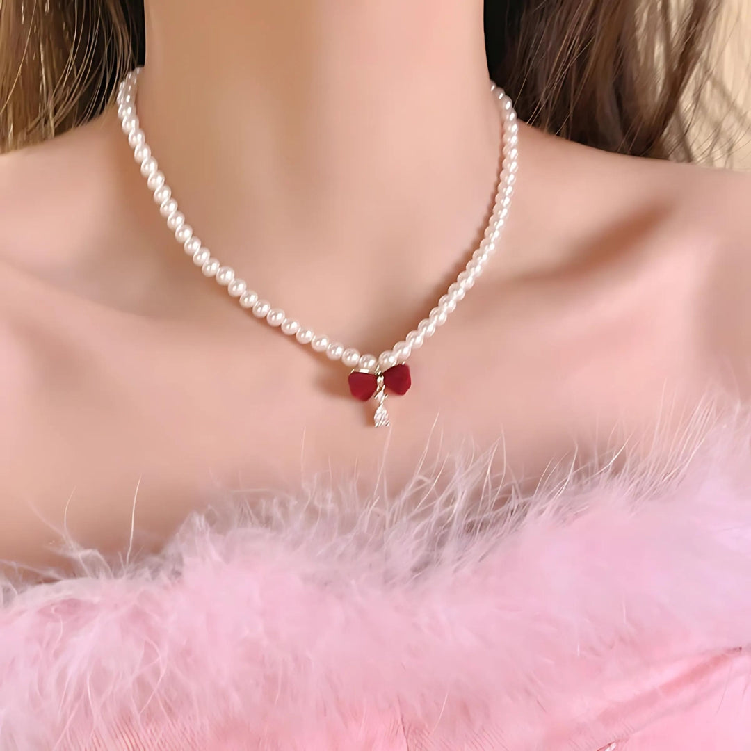 Red Bow Pearl Beaded Choker Necklace