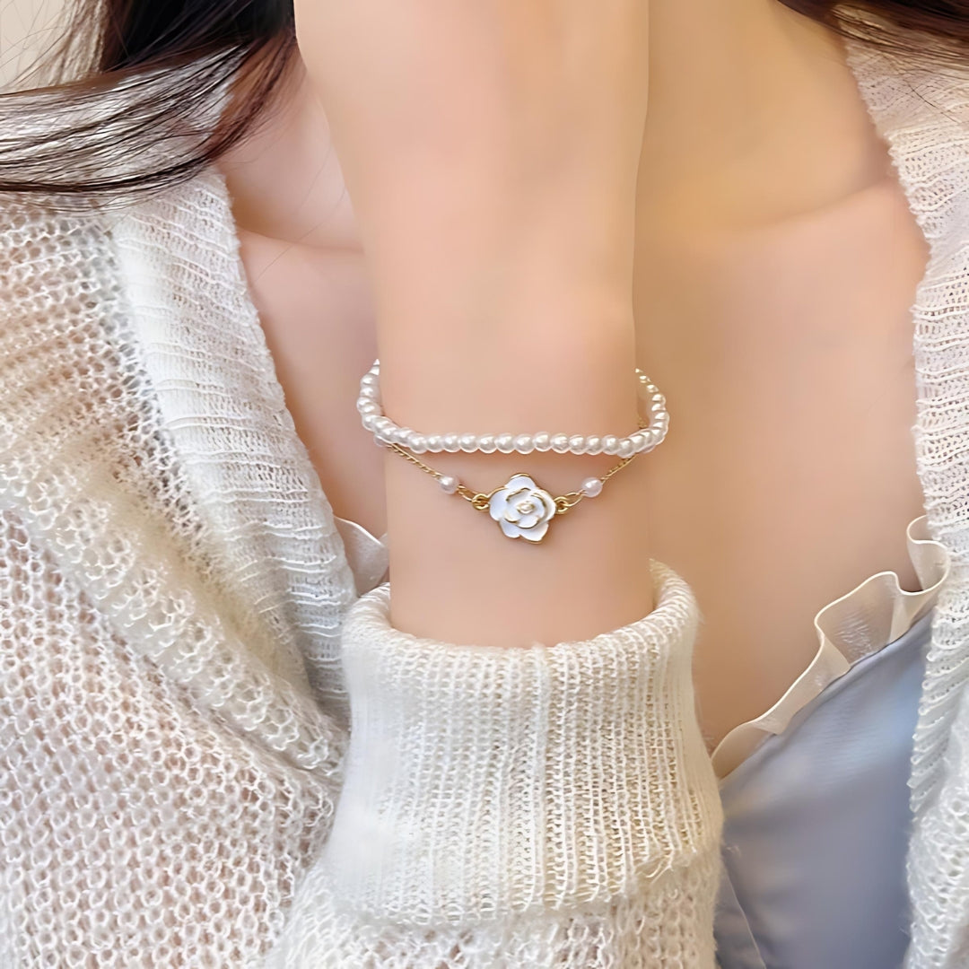 Dainty Camellia Flower Charm Pearl Bracelet