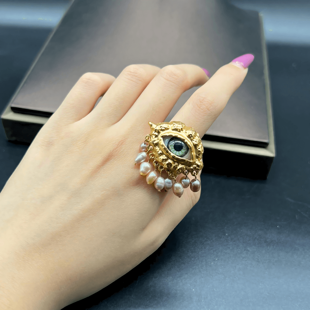 Chunky Evil Eye Cocktail Thumb Ring with Pearl Tassel