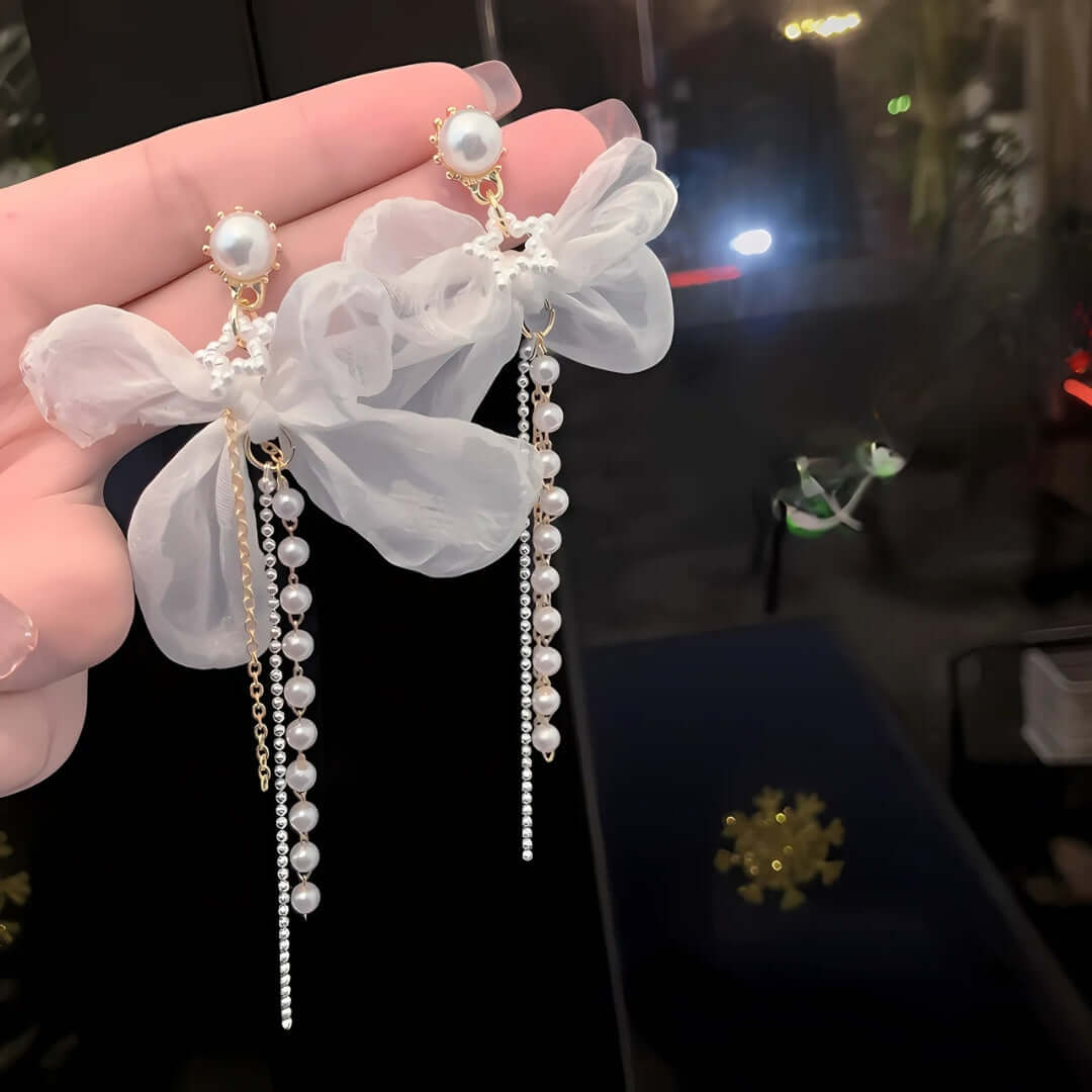 Elegant Chiffon Pearl Bow Long Chain Earrings