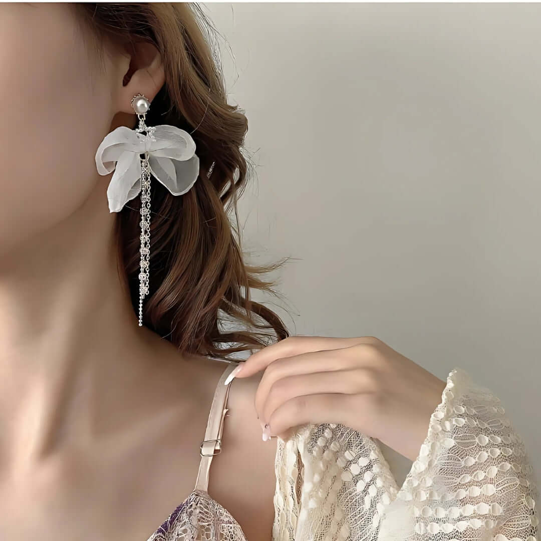 Elegant Chiffon Pearl Bow Long Chain Earrings