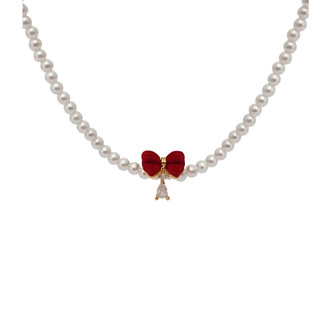 Red Bow Pearl Beaded Choker Necklace