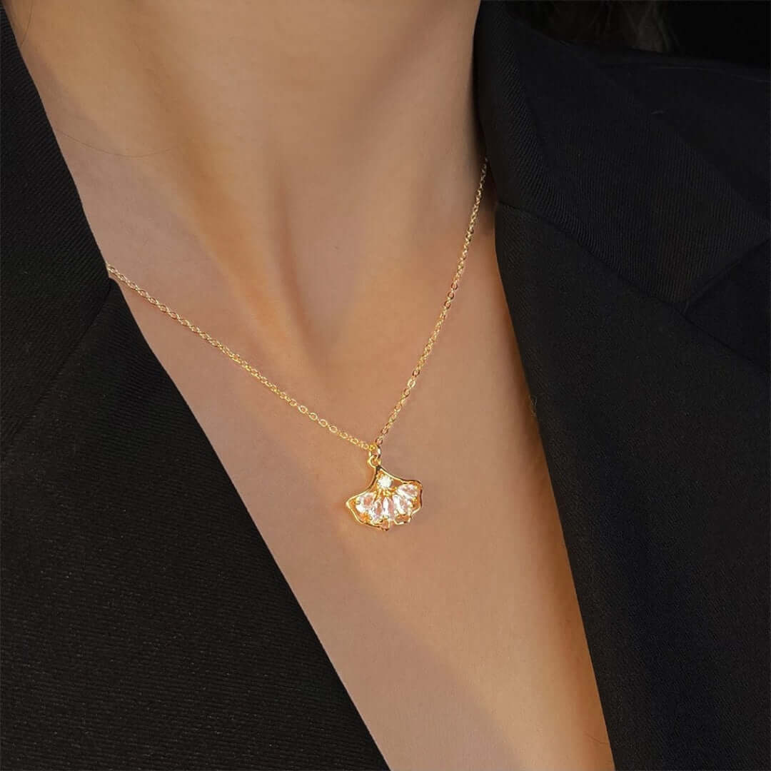 18K Gold Plated Ginkgo Leaf Zircon Chain Necklace
