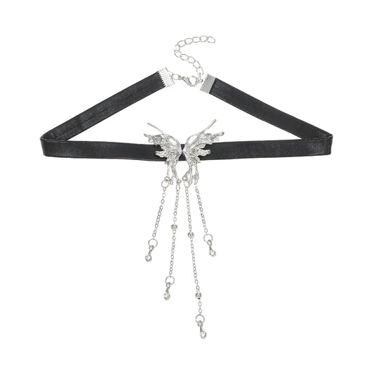 Black Leather Butterfly Tassel Choker Necklace