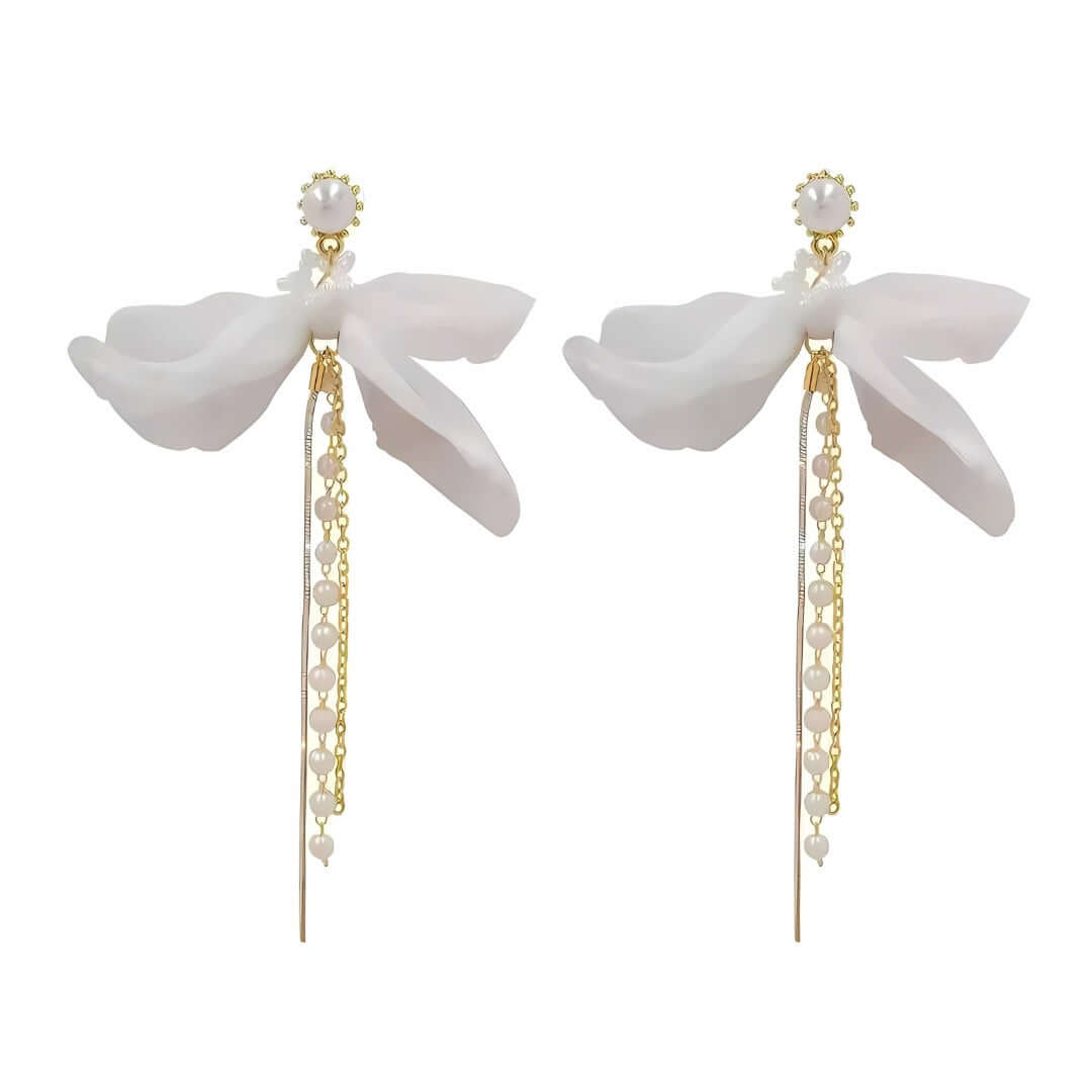 Elegant Chiffon Pearl Bow Long Chain Earrings