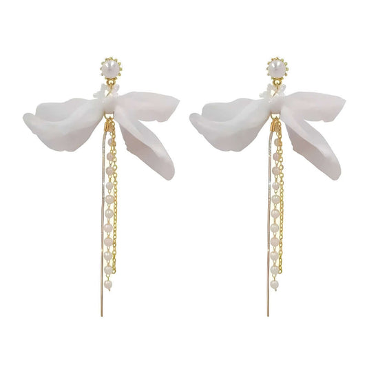 Elegant Chiffon Pearl Bow Long Chain Earrings