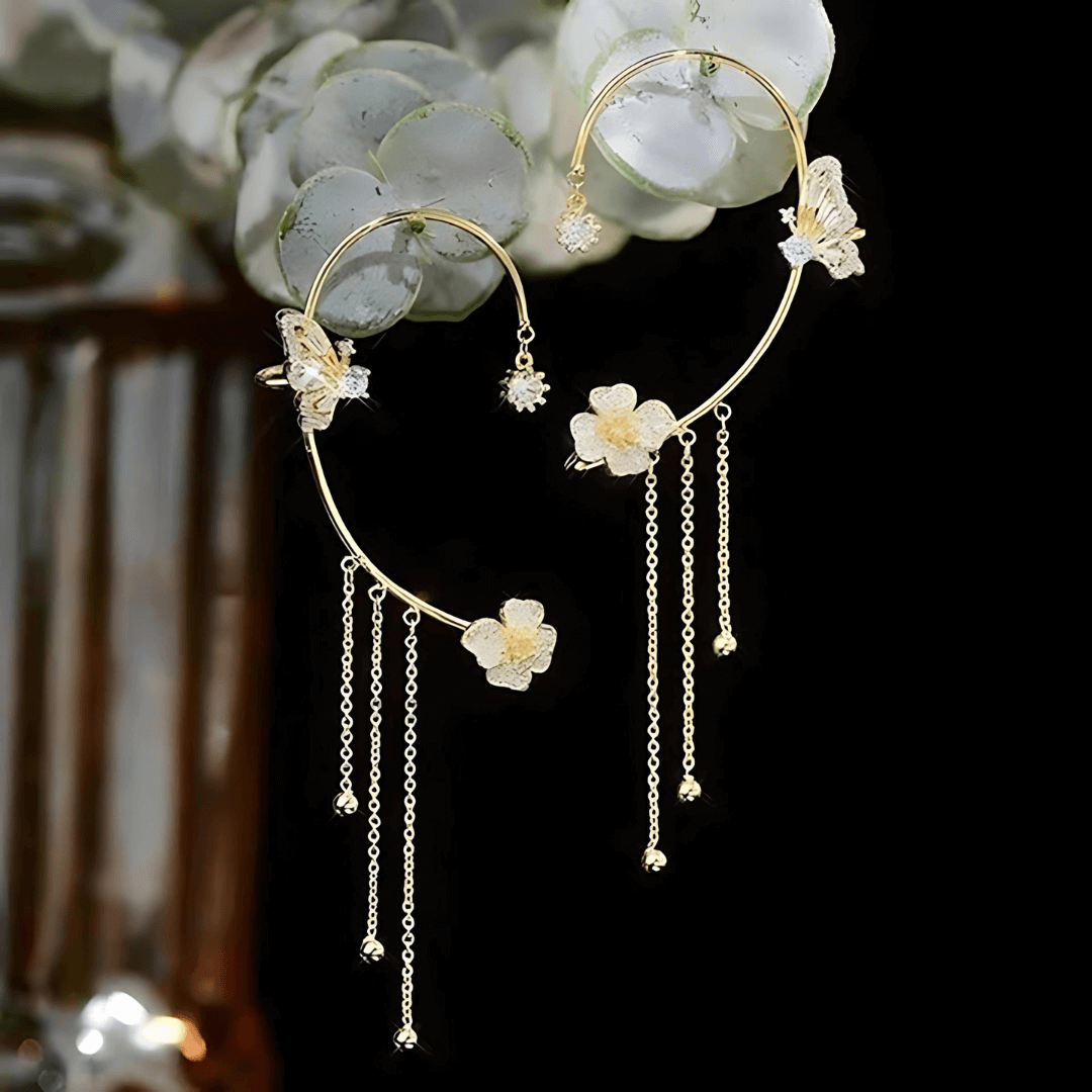 Non-Pierced Butterfly Tassel Elf Ear Clip Rose Wrap Climber Earrings