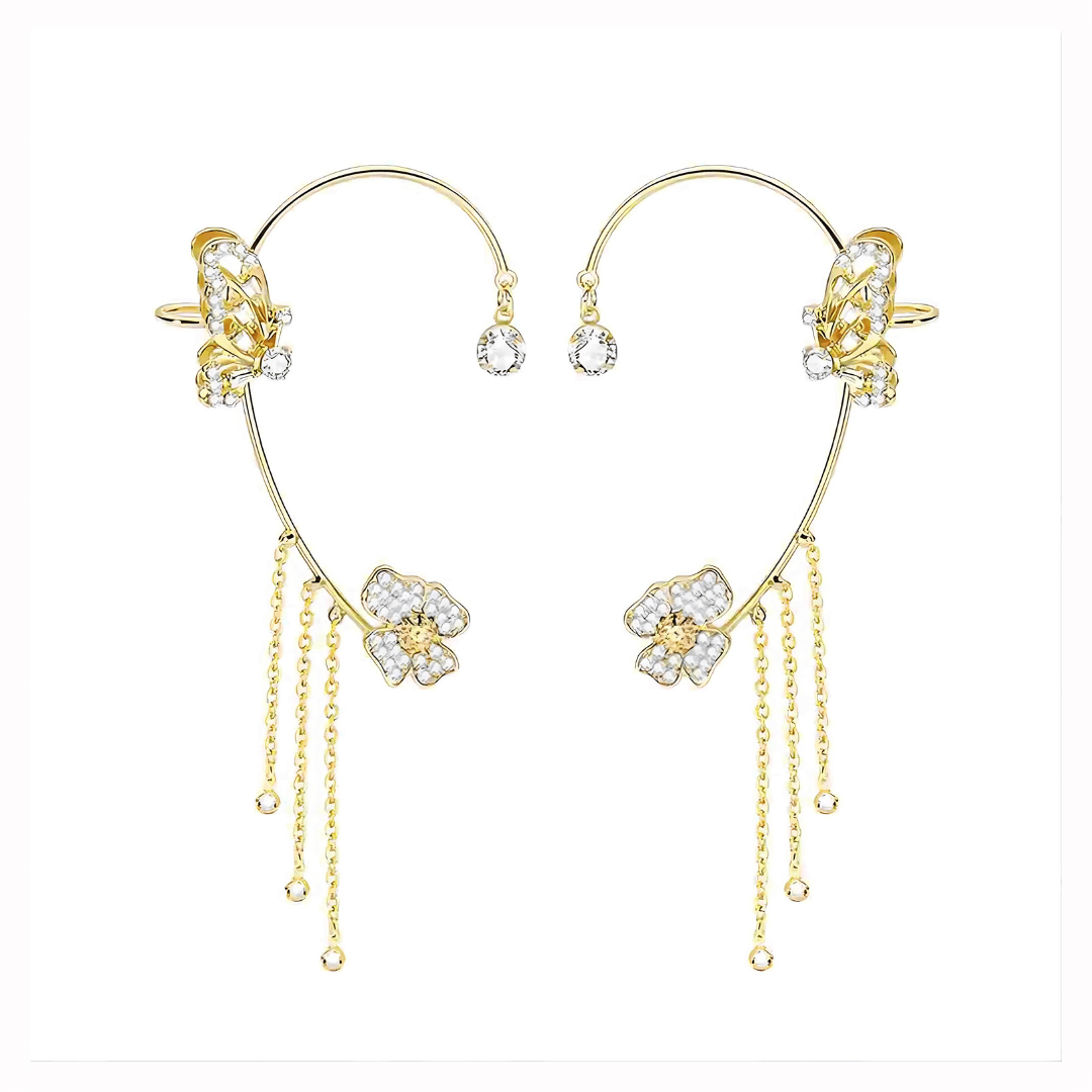Non-Pierced Butterfly Tassel Elf Ear Clip Rose Wrap Climber Earrings