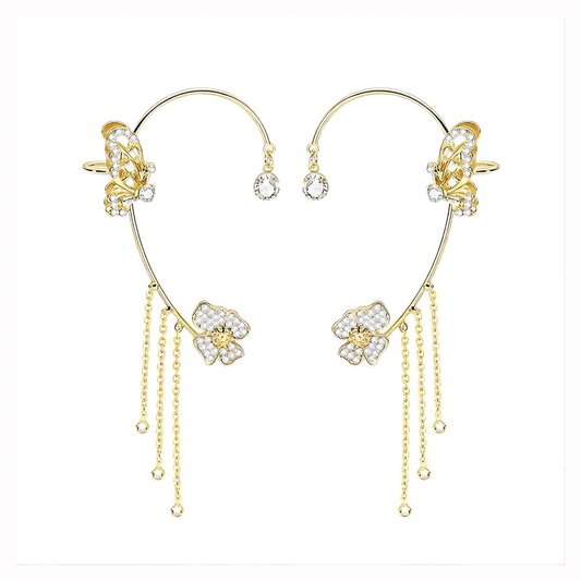 Non-Pierced Butterfly Tassel Elf Ear Clip Rose Wrap Climber Earrings