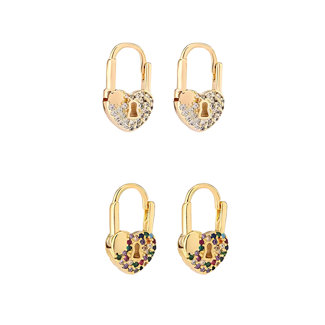18K Gold Lock Huggies Heart Earrings