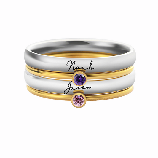 Personalized Birthstone Engraved Stacking Ring Set