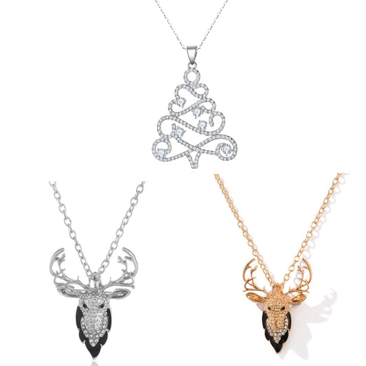 Sterling Silver Deer Horn Xmas Tree Pendant Necklace