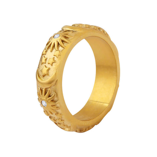 18K Vintage Gold 3D Carved Sun Moon Ring