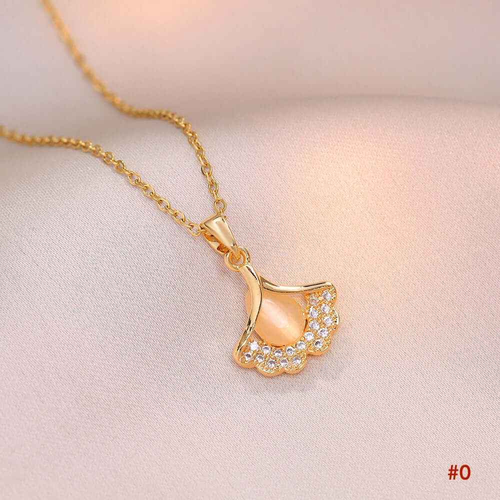Titanium Minimalist Cat's Eye Stone Ginkgo Necklace