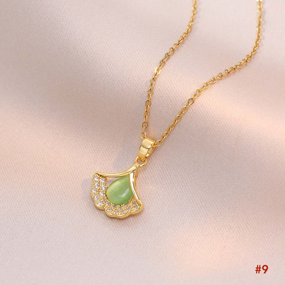 Titanium Minimalist Cat's Eye Stone Ginkgo Necklace