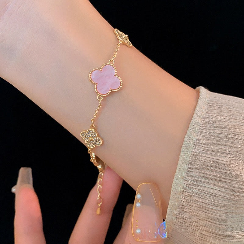 14K Gold Lucky Pink Clover Bracelet