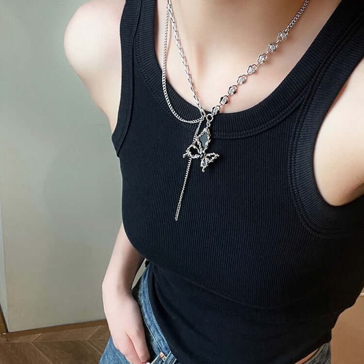 Y2K Butterfly Half Chain Y Necklace with Tassel