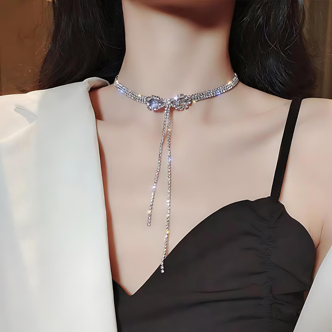 Bling Rhinestones Ribbon Y Necklace