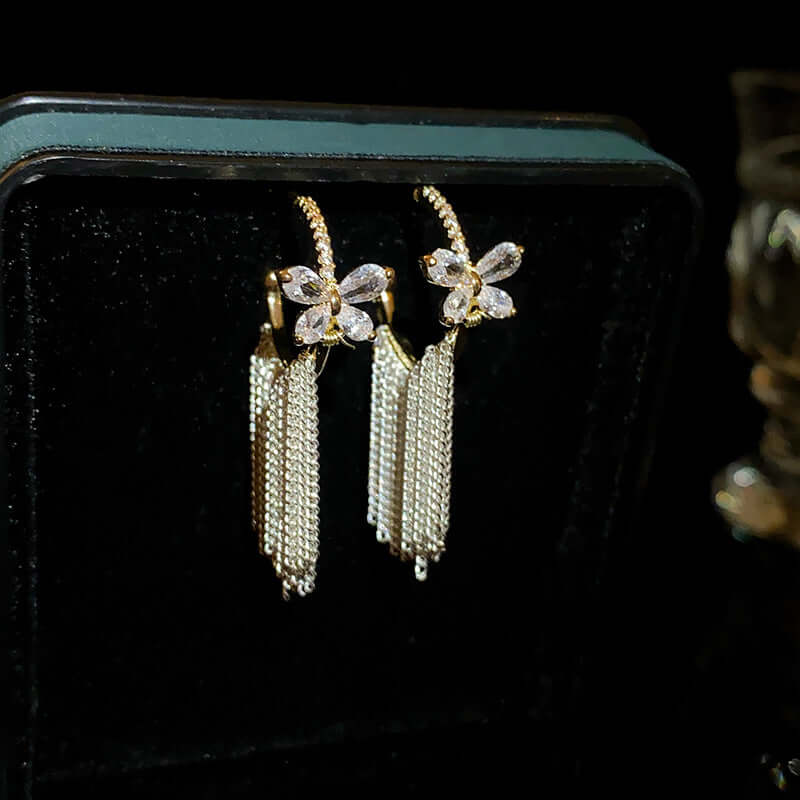 C Hoop Crystal Butterfly Fringe Earrings