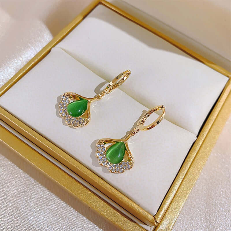 14K Gold Plated Ginkgo Leaf Huggie Earrings with Dangle Pearl