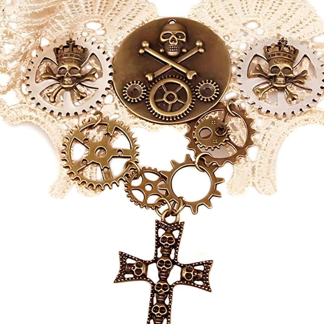 Victorian Goth Pirates Skull Collar Lace Choker with Cross Pendant