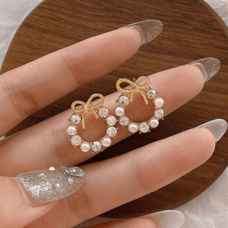 CZ Pearl Stud Earrings, Tiny Bow Studs, French Earrings,Daughter Gifts