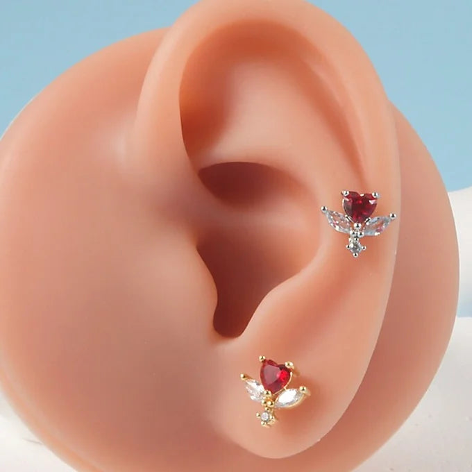 20G Bloody Red Heart CZ Magic Wand Conch Stud