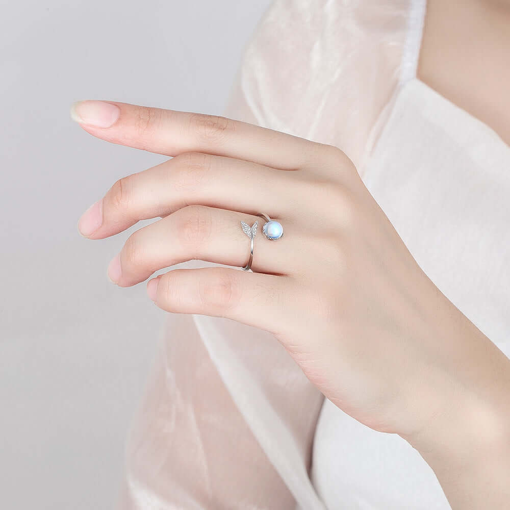 White Gold Fish Tail Ring, Whale Tail Ring, Mermaid Tail Moonstone Ring