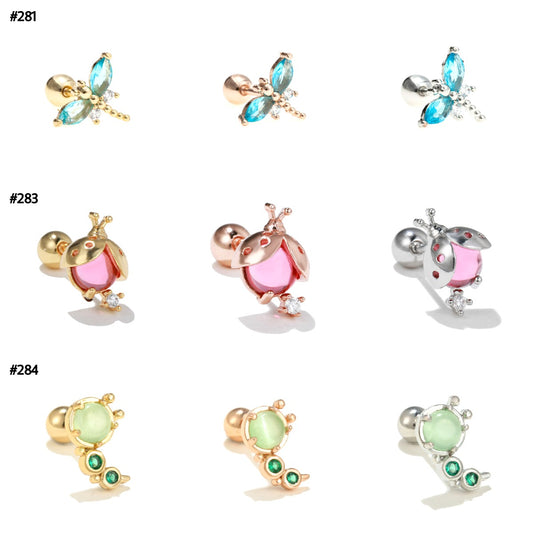 Dragonfly, ladybug and worm inserts cartilage piercing stud