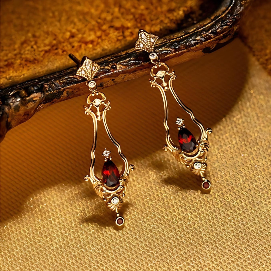 Elegant Gold Baroque Garnet Earrings