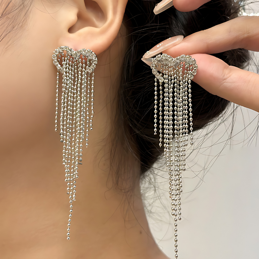 Silver Open Heart Tassel Waterfall Earrings