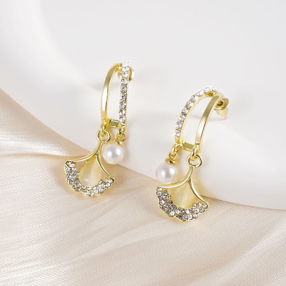 Ginkgo Leaf Pearl Dangle Earrings