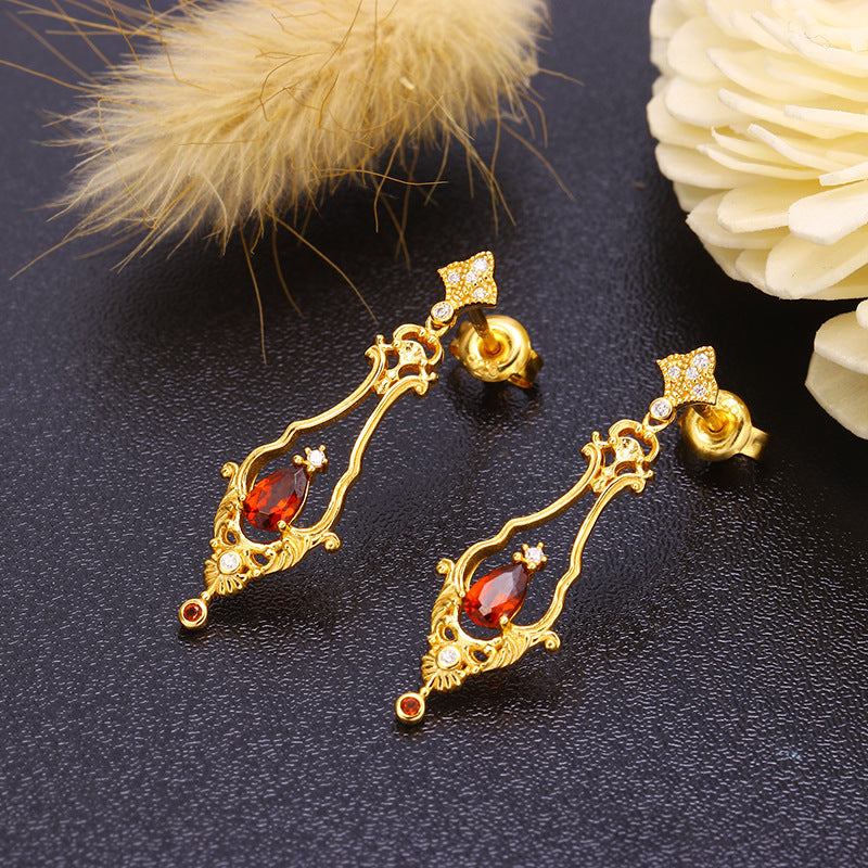 Gold Baroque Garnet Earrings