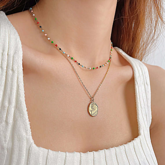 Gold Coin Layering Flower Seed Bead Chain Necklace