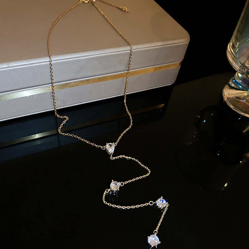 Gold Crystal Teardrop Lariat Necklace