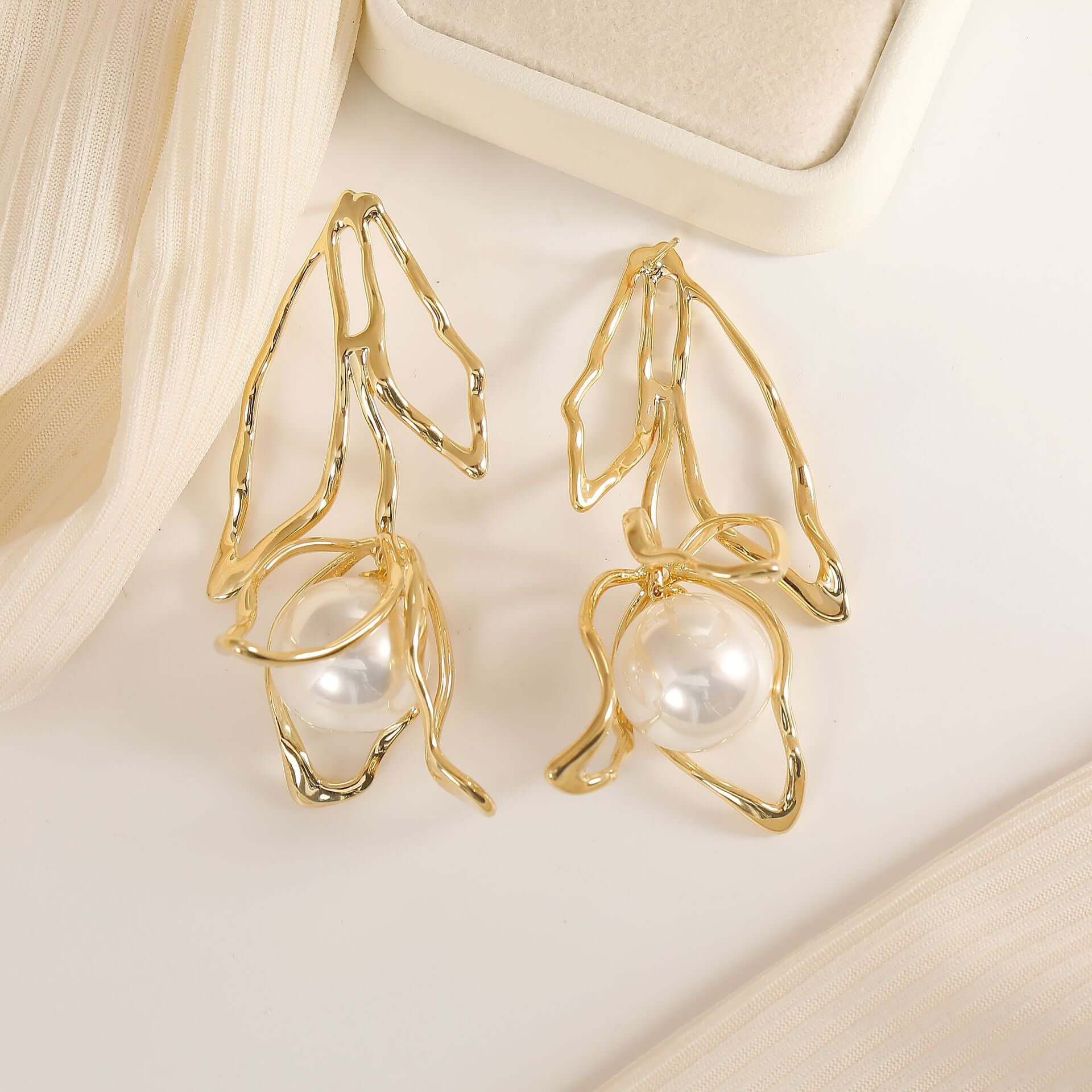 Gold Flower Pearl Drop Earrings