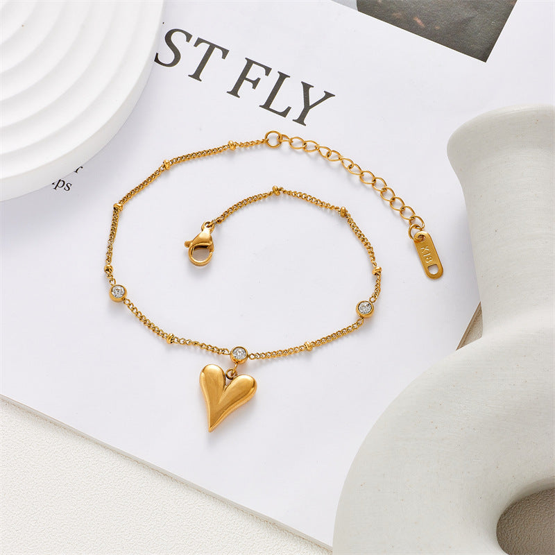 Gold Heart CZ Beaded Anklet