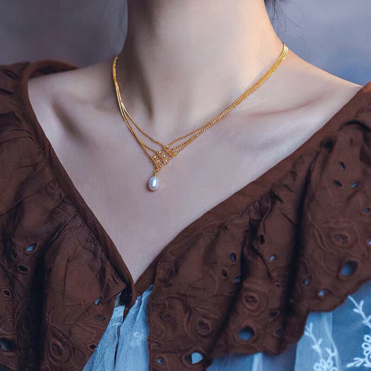 Gold Lace Choker Pearl Layering Necklace