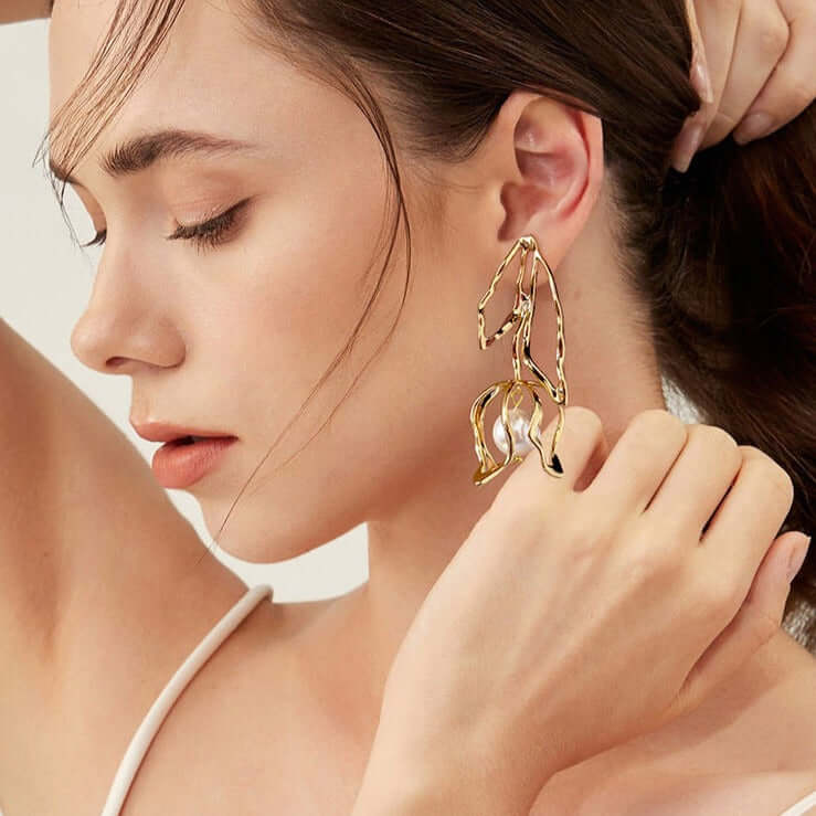 Gold Large Flower Pearl Earrings