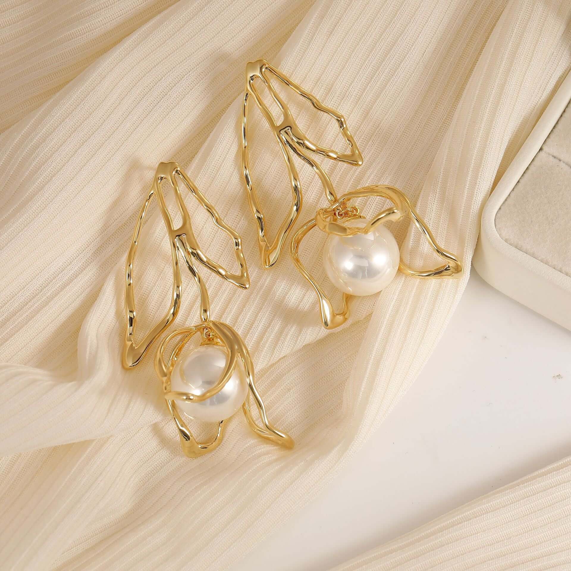 Gold Large Flower White Pearl Earrings