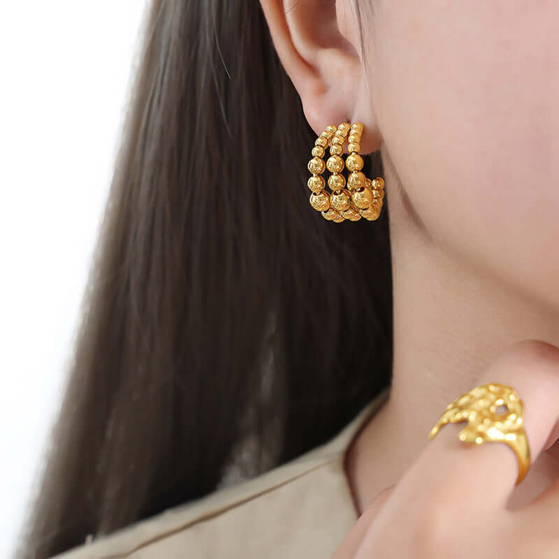 Gold Layering Bead C Hoop Earrings