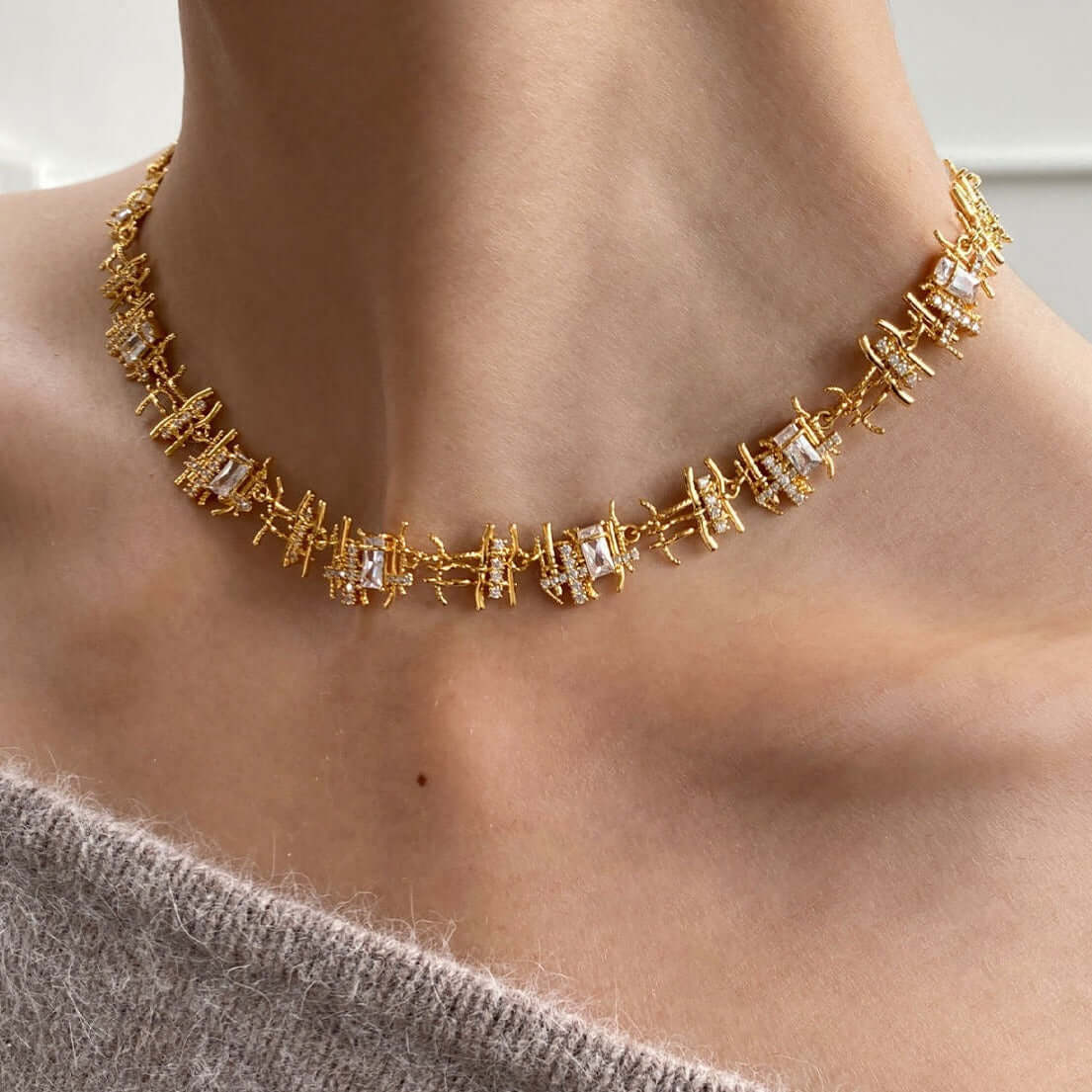 Gold Plated Braided Woven CZ Necklace